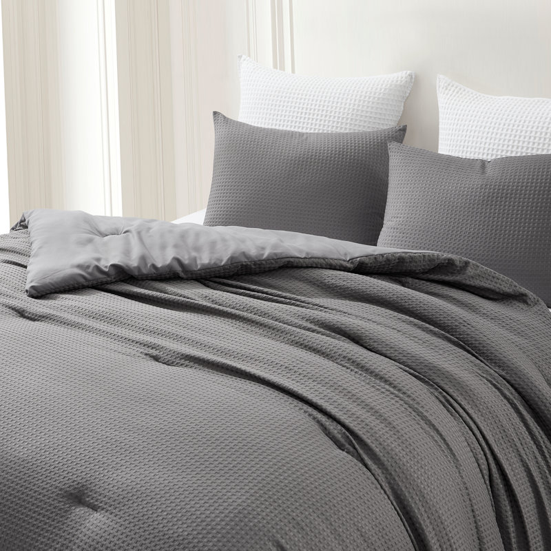 Kathy Ireland 3 Pc Waffle Comforter Set, Gray, King Comforter + 2 King Shams