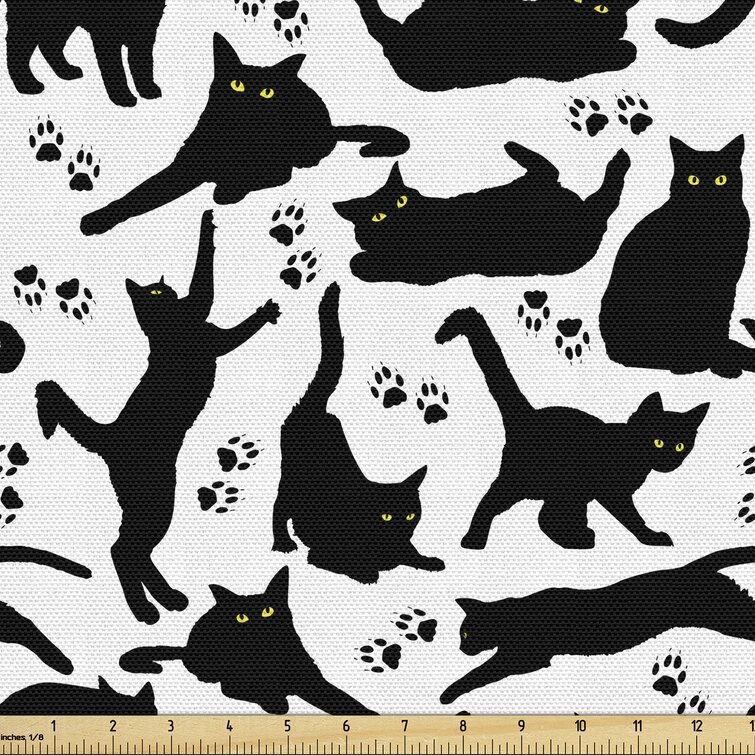 Ambesonne Cat Fabric by The Yard, Cats Yellow Eyes in Different Positions Paw Traces Playful Feline Animal East Urban Home Size: 36 W x 360 L