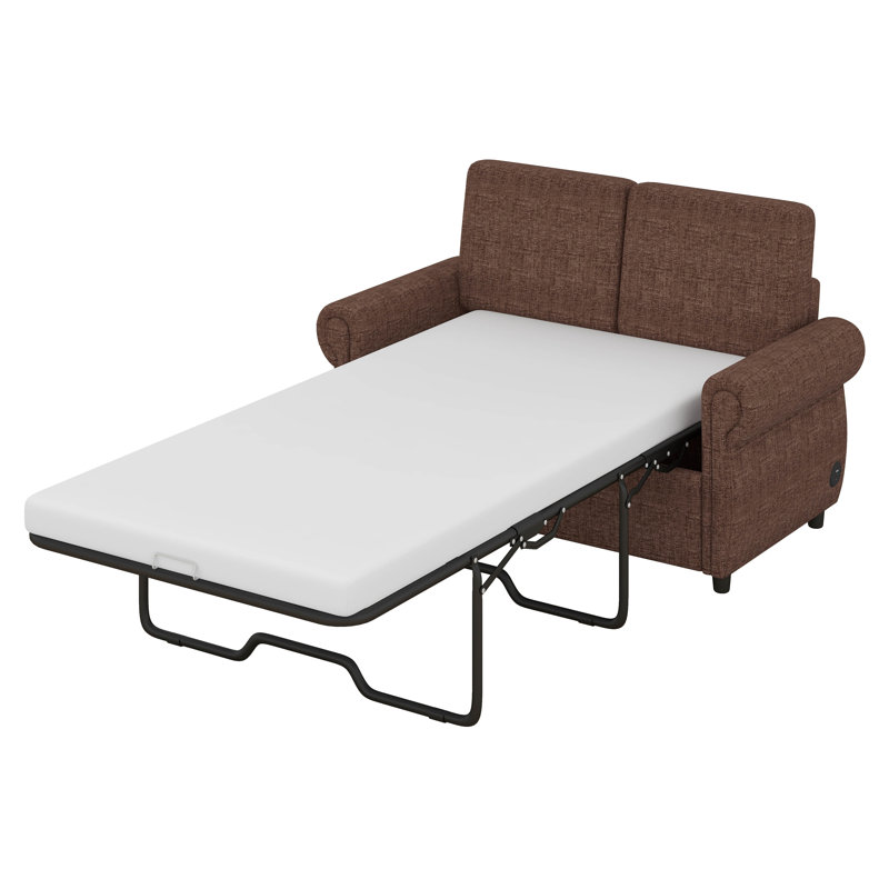 Canapé-lit escamotable de 57,9 po avec matelas à mémoire de forme simple, canapé-lit en lin polyvalent avec 2 ports USB, Brun