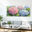 Hydrangées, impression sur toile, ensemble de 3 panneaux (fleurs roses et bleues avec feuilles vertes), idéal pour le salon, la chambre à coucher ou la salle de bain-836971810