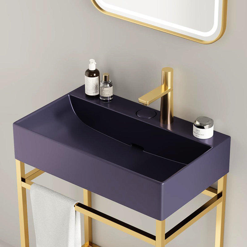 Lavabo de salle de bain en céramique - Lavabo rectangulaire autoportant 24 po, pattes dorées, lavabo console violet lustré, rangement efficace avec lavabo rectangulaire, lavabo, tablettes en métal, conception fonctionnelle