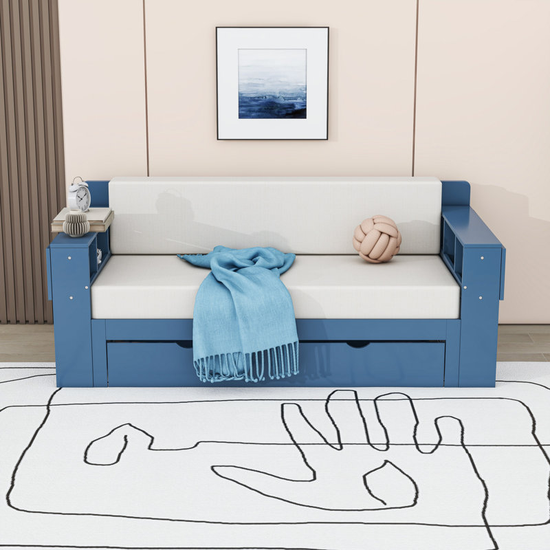 Wooden Convertible Daybed with Built-in Desk and Drawer, Blue, Full/Double