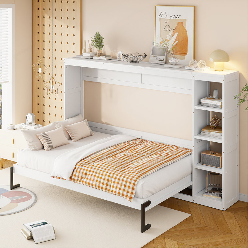 Lit escamotable double avec bibliothèque, Lit double, Blanc