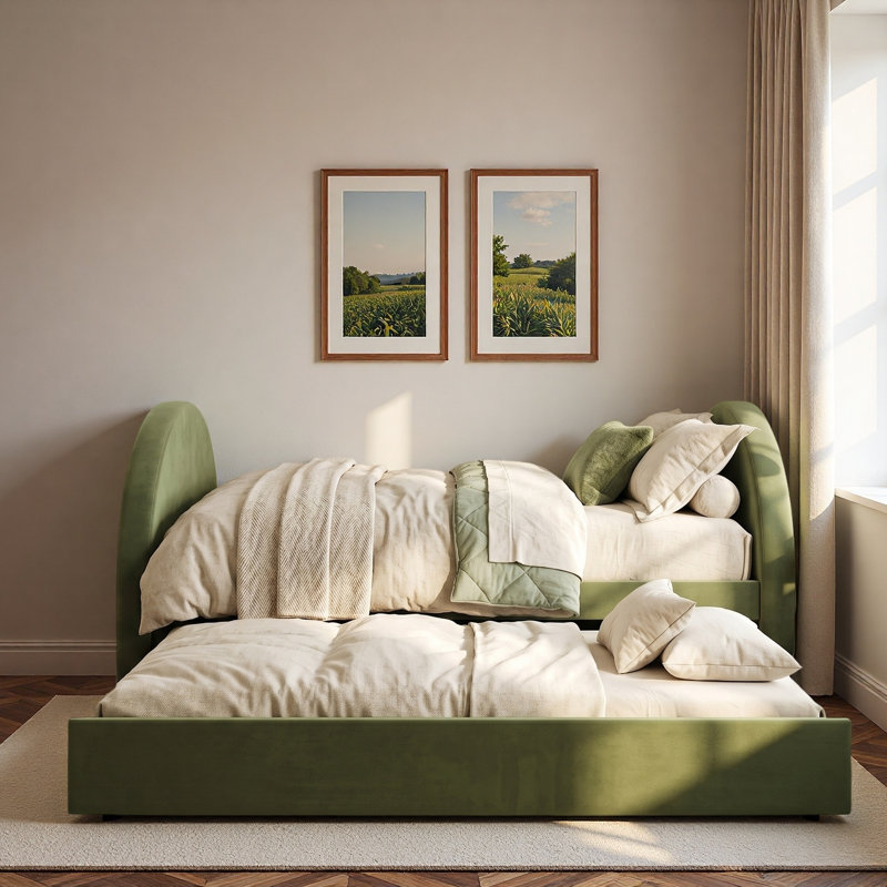 Lit de jour rembourré avec lit gigogne et tête de lit courbée, Complet/Double, Vert olive