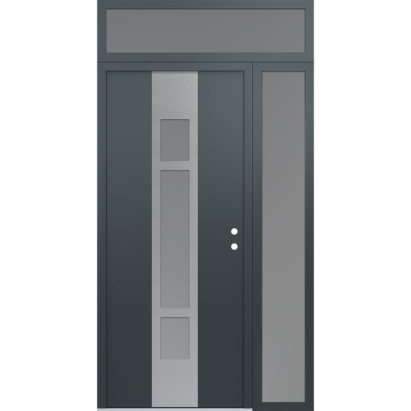 Porte d'entrée pré-suspendue en acier argenté A9 avec panneau latéral et traverse, L 53,25 po x H 95,69 po