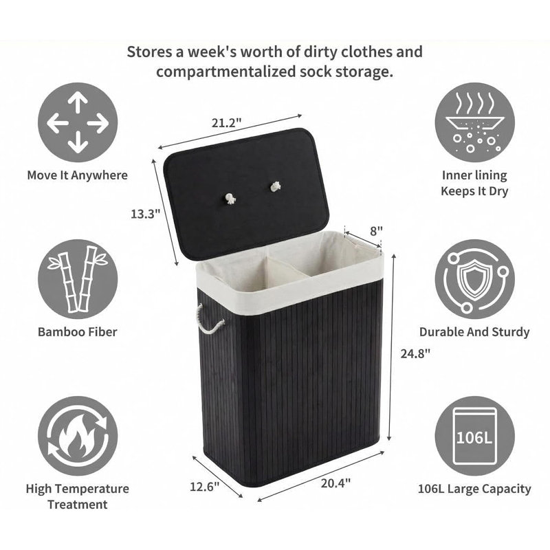 Panier à linge 27,5 gallons en bambou avec couvercle, panier à linge pliable avec doublure lavable et deux poignées, grand panier à linge sale pour la salle de lavage, la chambre à coucher