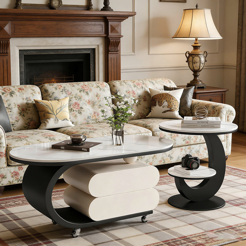 Table basse Rock Slab avec rangement, Blanc / Gris, Noir / blanc, H 19,68 po x L 39,37 po x l 19,68 po