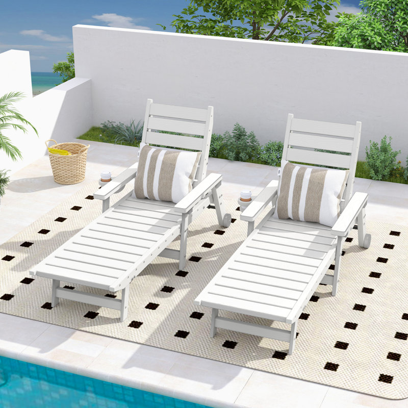 Burdge ZeaLuxe 2-Piece HDPE Patio Chaise Lounge with Wheels and Adjustable Backrest, White