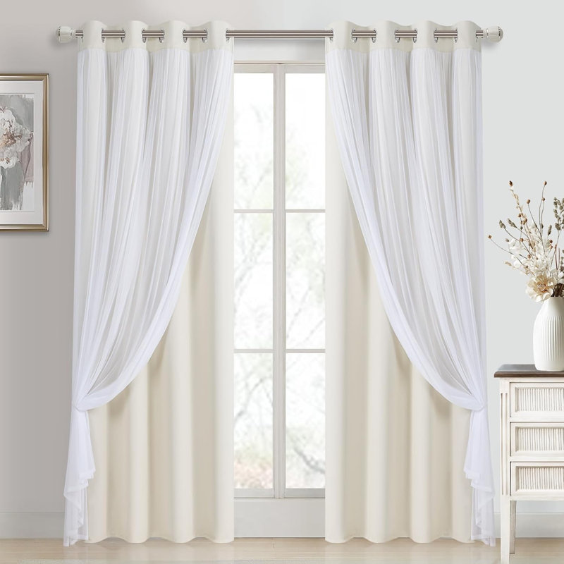 2 Panels Blackout Curtains with Sheer Overlay Thermal Insulated Mix & Match Double Layer Window Panels Drape Sewn with Tiebacks Grommet Top for Bedroom Living Room