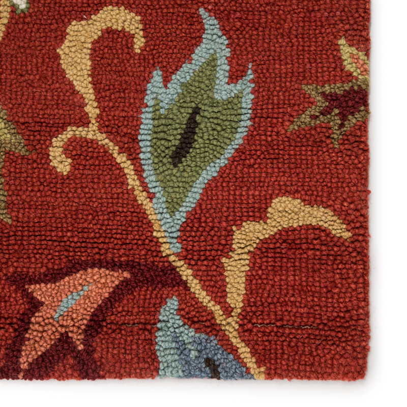 Tapis rouge / vert / beige en laine touffeté à la main Schupple, Rectangle de 10 pi x 14 pi
