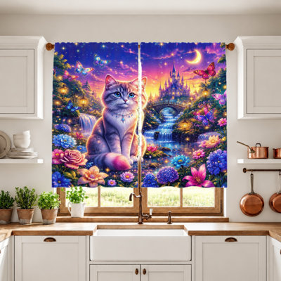 2Pcs Fantasy Cat Castle Waterfall Curtains, Light Filtering Fabric, Vibrant Magical Forest Print, Rod Pocket Design, Suitable for Living Room Bedroom Balcony Kitchen Home Decoration