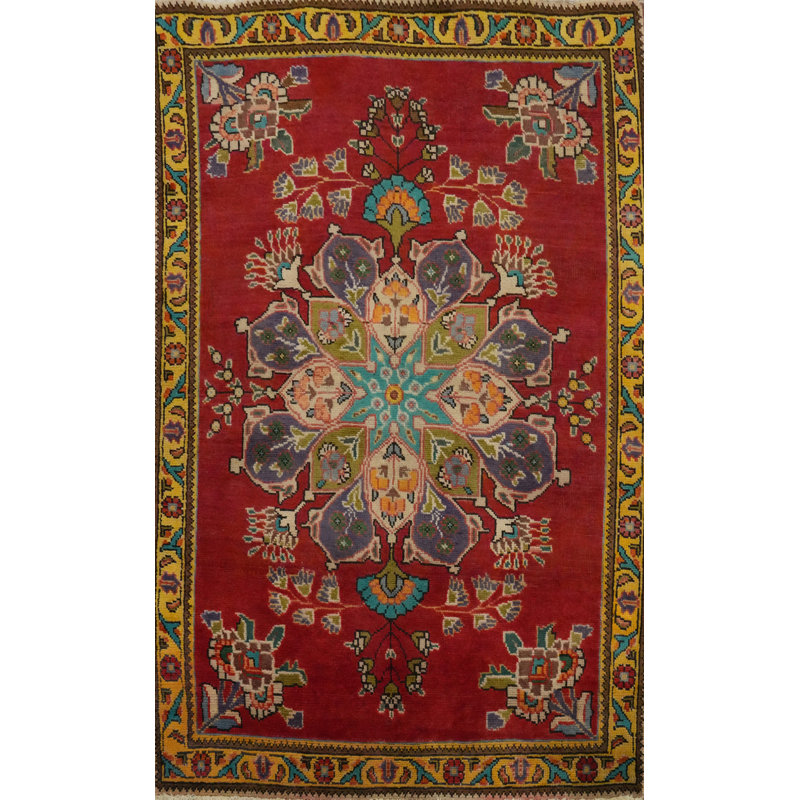 Tapis traditionnel rouge en laine à médaillon 3 x 5