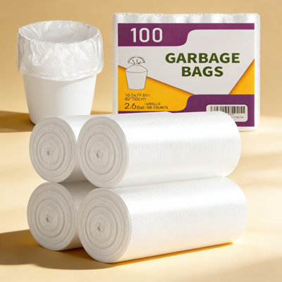 Small Trash Bags 2.6 Gallon - Strong Leak-Proof Unscented Garbage Bags For Bathroom, Office, Kitchen, Desk & Mini Trash Cans, 100 Count Clear Bags