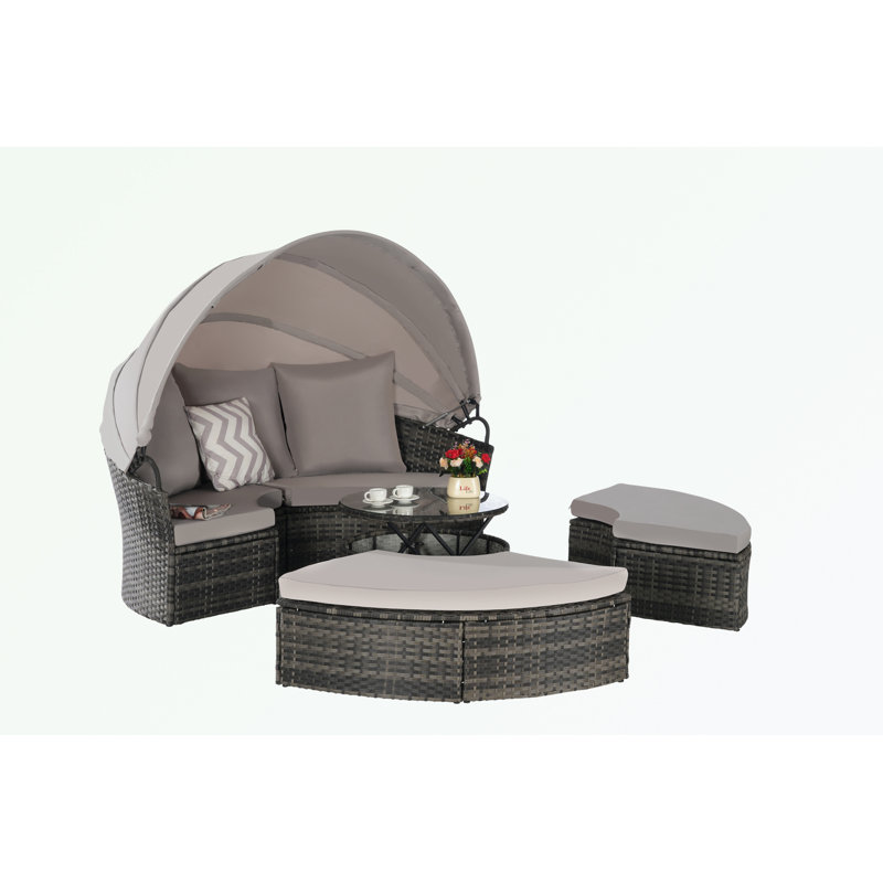 Outdoor Patio Round Daybed with Retractable Canopy and Storable Table, Light Grey