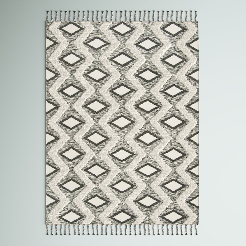 Alimatou Hand Knotted Wool/Cotton Geometric Rug in Beige/Black, Rectangle 9' x 12'