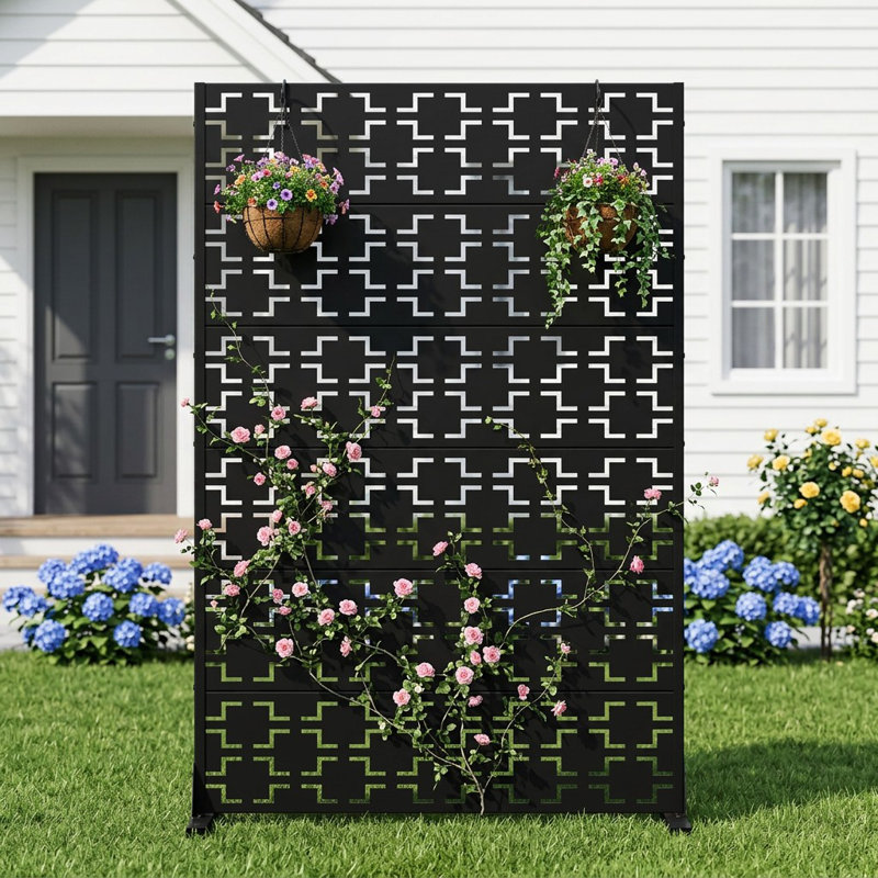 Metal Privacy Screen Fence Panel Square Pattern, Black, 183cm H x 120cm W x 40cm D