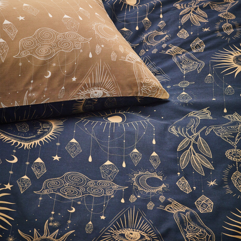 Cotton Blend Abstract Duvet Cover Set with Pillowcases, Gold/Navy, Kingsize - 2 Standard Pillowcases