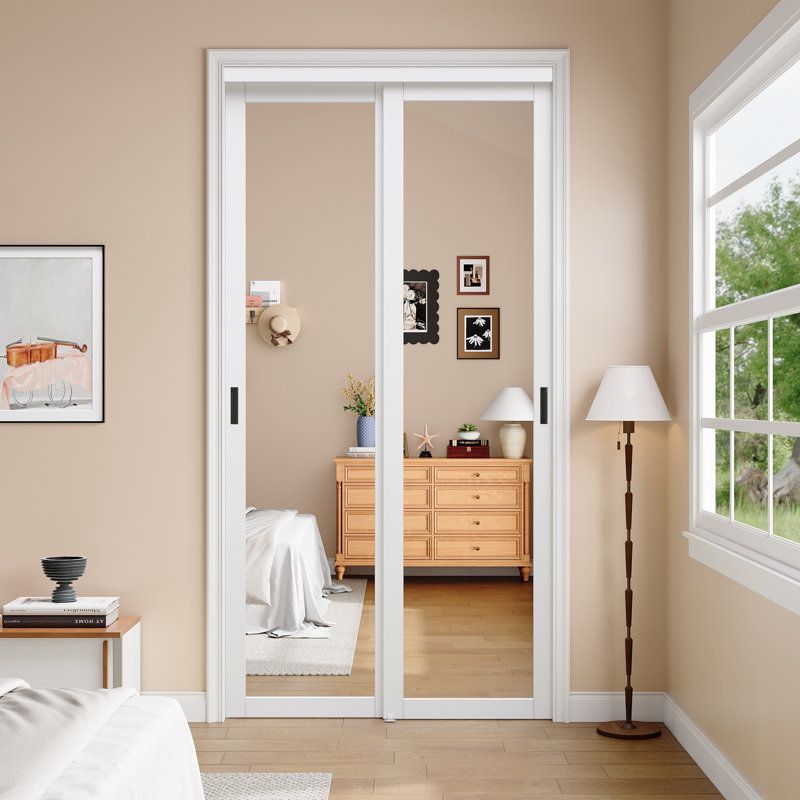 48"x 96" White 1-Lite Mirror Sliding Door with Hardware Kit And Black Upgrade Handles and No Assembly Required For Closet,Pantry,Living room