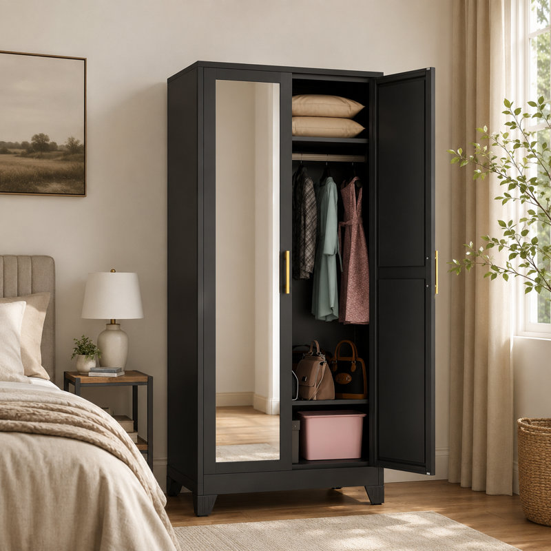 Armoire-penderie à porte miroir en métal noire 71 po, armoire de rangement multifonctionnelle pour vêtements de chambre à coucher avec rail de suspension et tablettes de rangement personnalisables