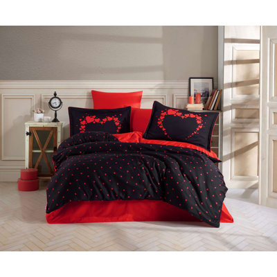 Luxury Satin Double Quilt Cover Set, 100% Cotton, Black & Red | Duvet Cover 78.7 x 86.6 inches, Flat Sheet 94.5 x 102.4 inches, 4 Pillowcases 19.7 x 27.6 inches | Machine Washable, 210 Thread Count, Elegant & Cozy Design