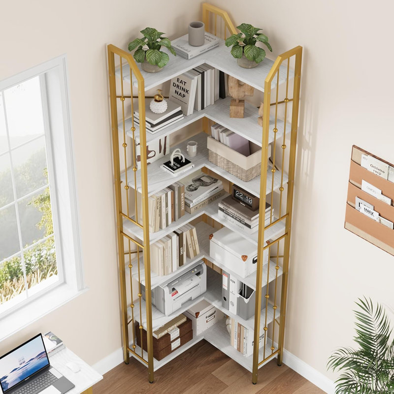 86" L Shaped Corner Bookshelf 7 Tier Industrial Bookcase Tall Display Shelf Storage Rack for Living Room Bedroom Home Office