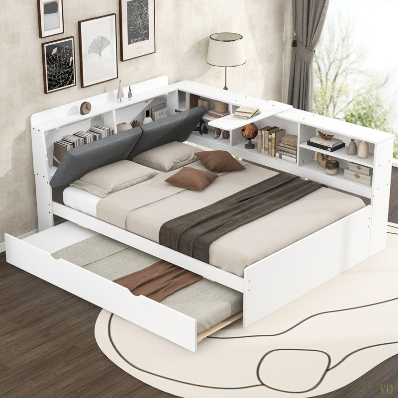 Lit plateforme en bois avec lit gigogne, tablettes et tête de lit, Blanc