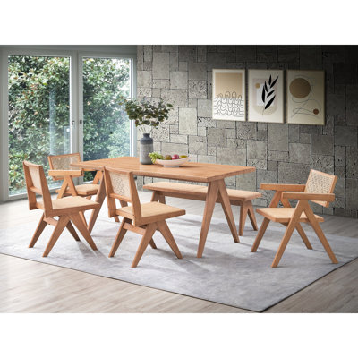 Mobilier de salle à manger pour patio 6 pièces - Structure en bois avec finition naturelle, table et sièges, finition extérieure confortable, plateau fixe, sièges à grande capacité
