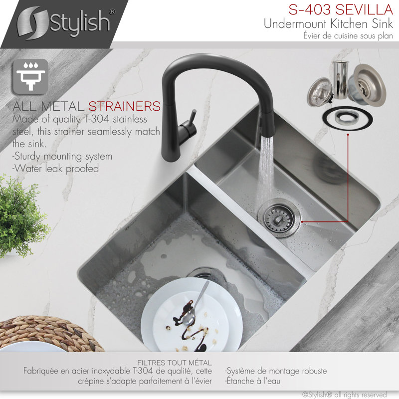 Stylish 28" Stainless Steel Double Bowl Undermount Kitchen Sink