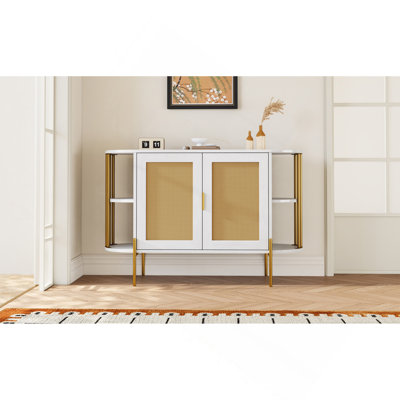 Armoire de salle à manger courbée élégante à 2 portes avec garniture dorée et portes en rotin tissé pour la salle à manger (blanc)