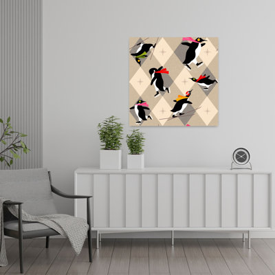 Penguins Winter Fun Geometric Modern Playful Bird Penguin Winter Landscape Wall Art Print 1 Piece Wrapped Canvas Wall Art
