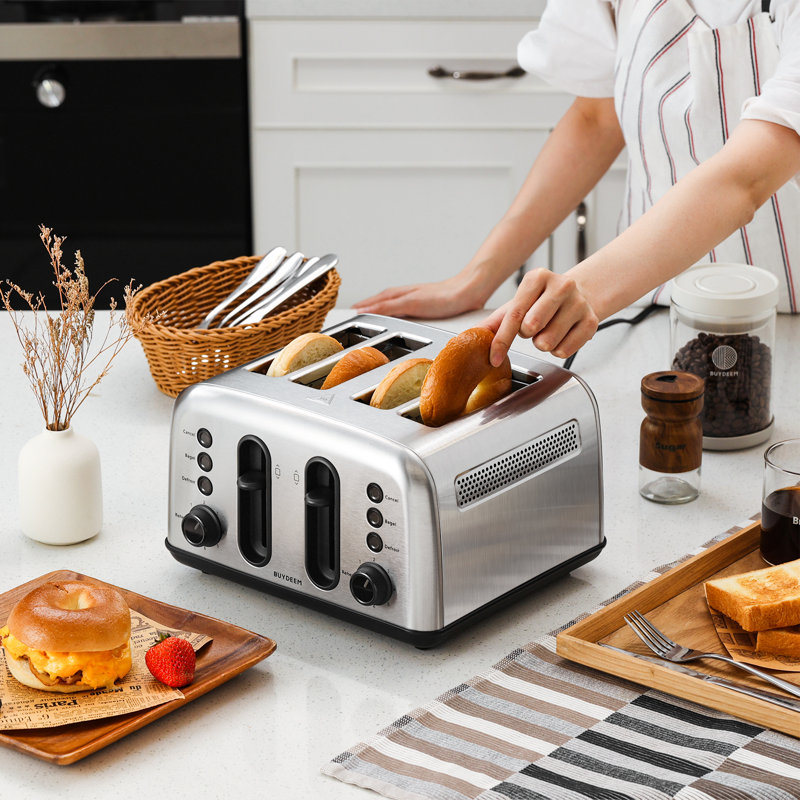Buydeem Dt440 4 Slice Stainless Steel Toaster, With Extra Wide Slots For Bagels, Muffins, High Lift Lever, 6 Shade Settings, Retro Sliver