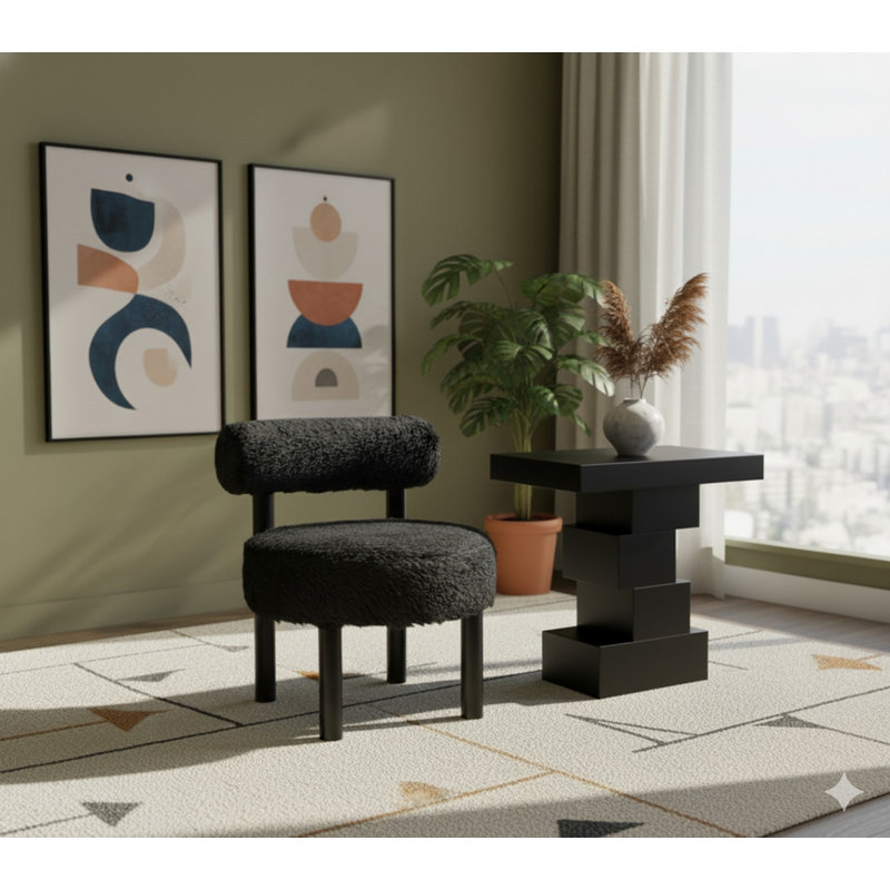 Fauteuil d'appoint rembourré Ambre, Tissu noir en peau de mouton vegan, Noir, noir, noir, noir