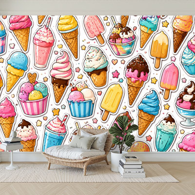 Papier peint adhésif auto-adhésif moderne pour la chambre à coucher avec éléments dessinés à la main crème glacée L 100 po x l 144 po Peel and Stick