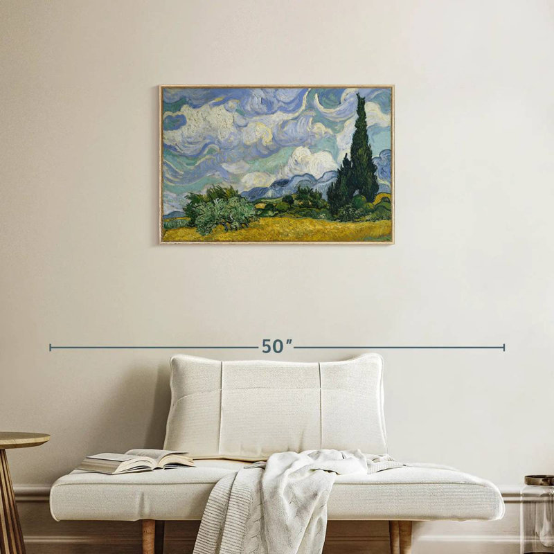 Peinture champ de blé avec cyprès, Cadre flottant en bois naturel, 31 po x 21 po