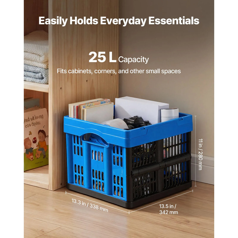 Bacs de rangement pliables en plastique, 25 paquets de 3, caisses de rangement pliables empilables avec poignées, capacité de 22 lb par bac, contenants robustes pliables, paniers peu encombrants, pour l'organisation à la maison
