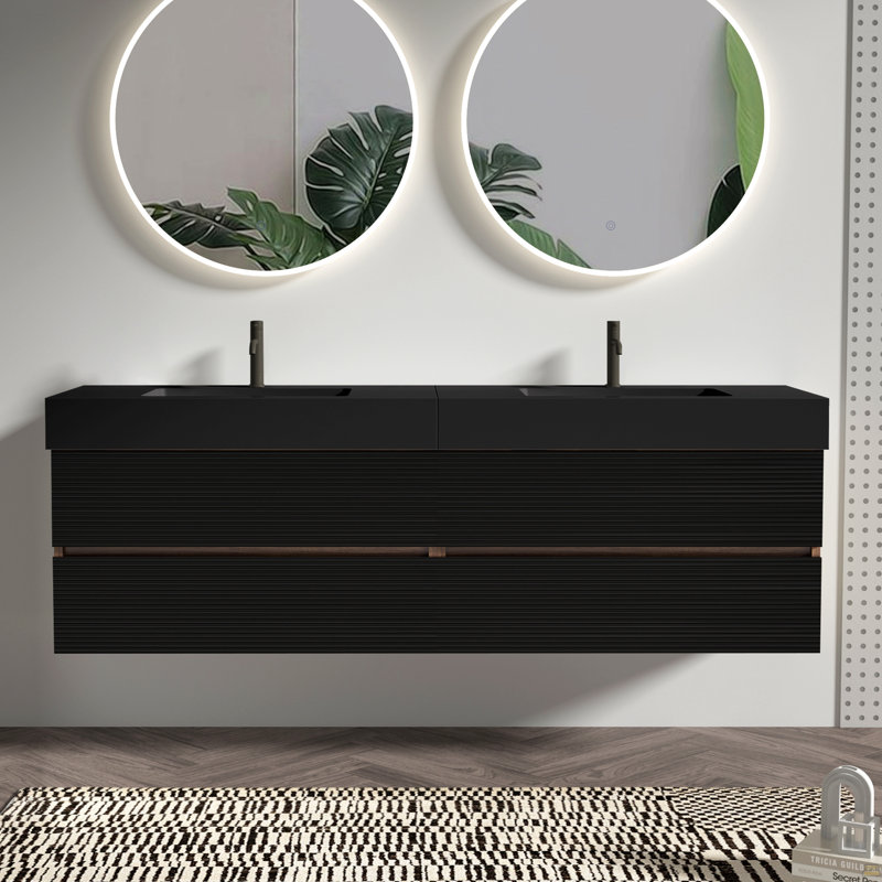 Meuble-lavabo de 72 po (36 po * 2) avec lavabo à surface solide d'ingénierie noir mat et tiroirs noirs doux, meuble-lavabo mural flottant, lavabo une pièce noir mat, KD