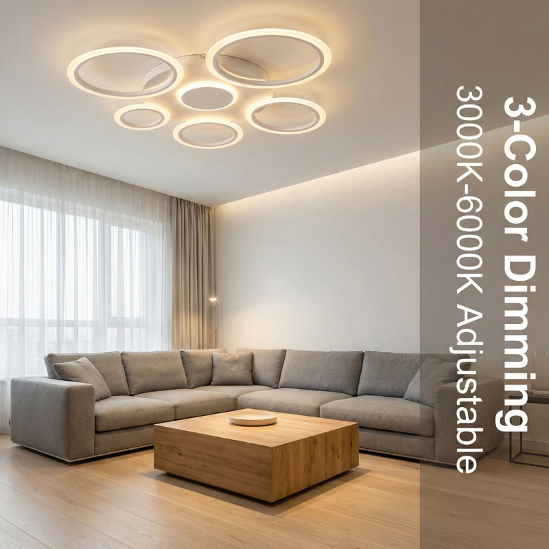 34"Modern 5 Ring LED Chandelier, Flush Mount Ring Ceiling Light with Remote, Dimmable Contemporary Ceiling Lighting Fixture for Living Room Bedroom