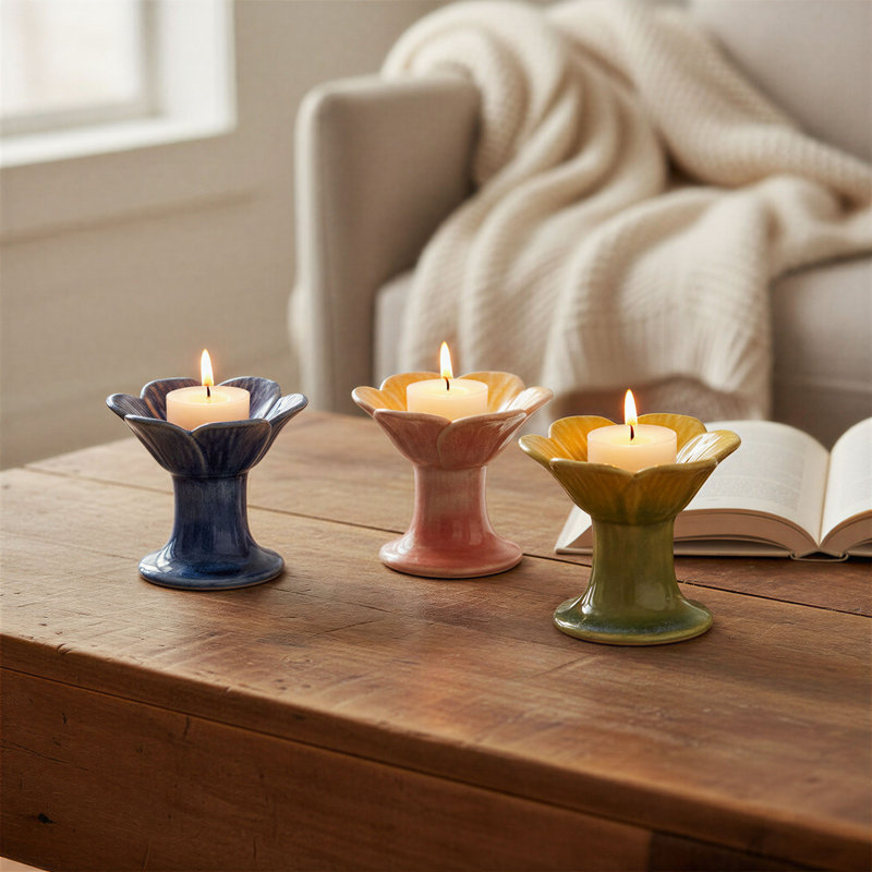 Stoneware Flower Shaped Tealight Holders In Reactive Glaze