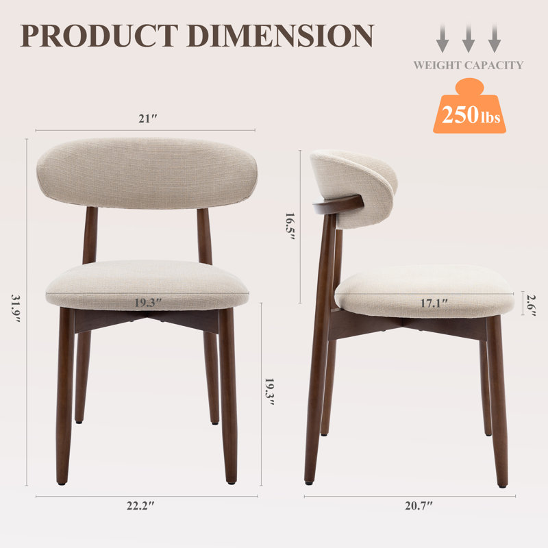 Modern Solid Wood Dining Chair, Upholstered Seat, Curved Ergonomic Backrest, Sturdy Frame Side Chair, Beige