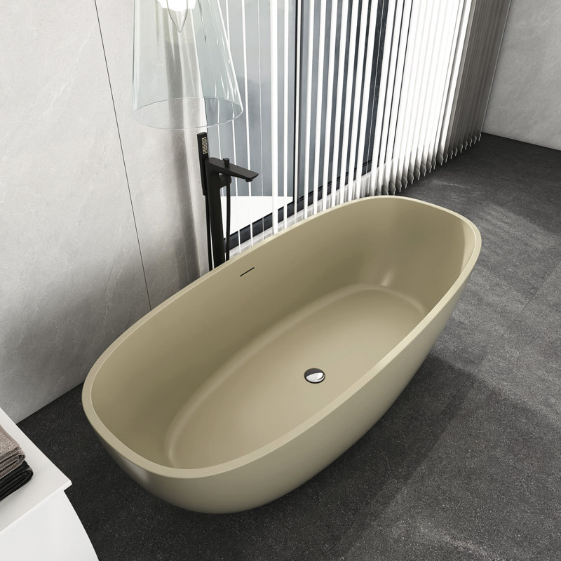 Solid Surface Bathtub 66.9*29.5*21.7 Inch, Freestanding, Oval Shape, Matte, Center Drain, Ideal For Medium - Sized Bathrooms Soaking 66.9 Freestanding Structure, Khaki Matte Texture, Contemporary