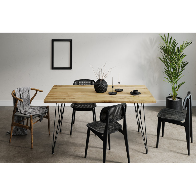 Marquand Oak Solid Wood Top Metal Base Dining Table, Untreated Wood, 79H x 200L x 80W cm