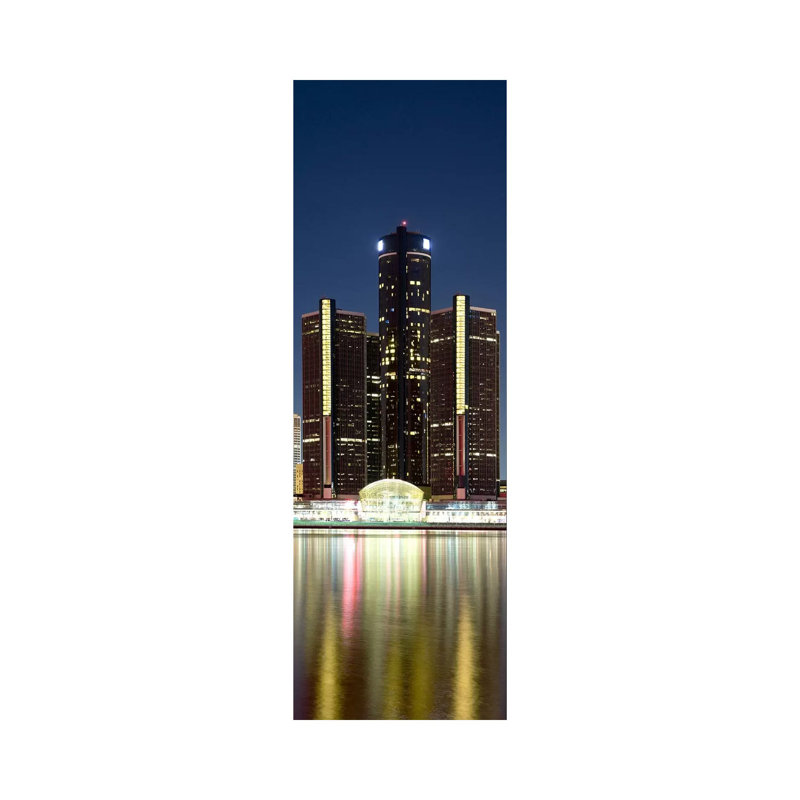 Skyscrapers Lit Up at Dusk, Renaissance Center, Detroit River, Detroit, Michigan, USA 1 Piece Wrapped Canvas Panoramic Wall Art