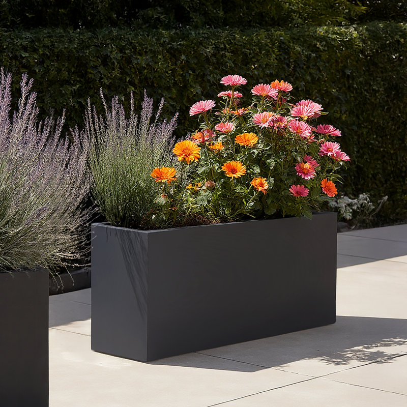 Frostproof, Concrete Effect Garden Planter Pot with Drainage Holes, Dark Grey, 30cm H x 65cm W x 19cm D