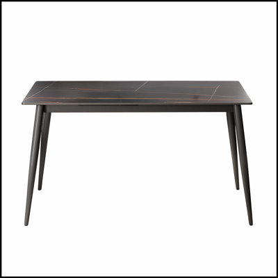 Table de salle à manger moderne en pierre artificielle avec bord droit noir et pieds en métal gris foncé pouvant accueillir 6 personnes