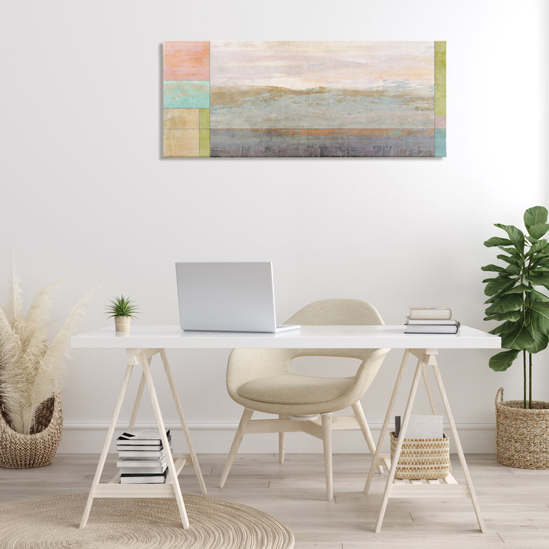 Paysage et bordure géométrique, art mural sur toile par Suzanne Nicoll, H 20 po x l 48 po x P 1,5 po