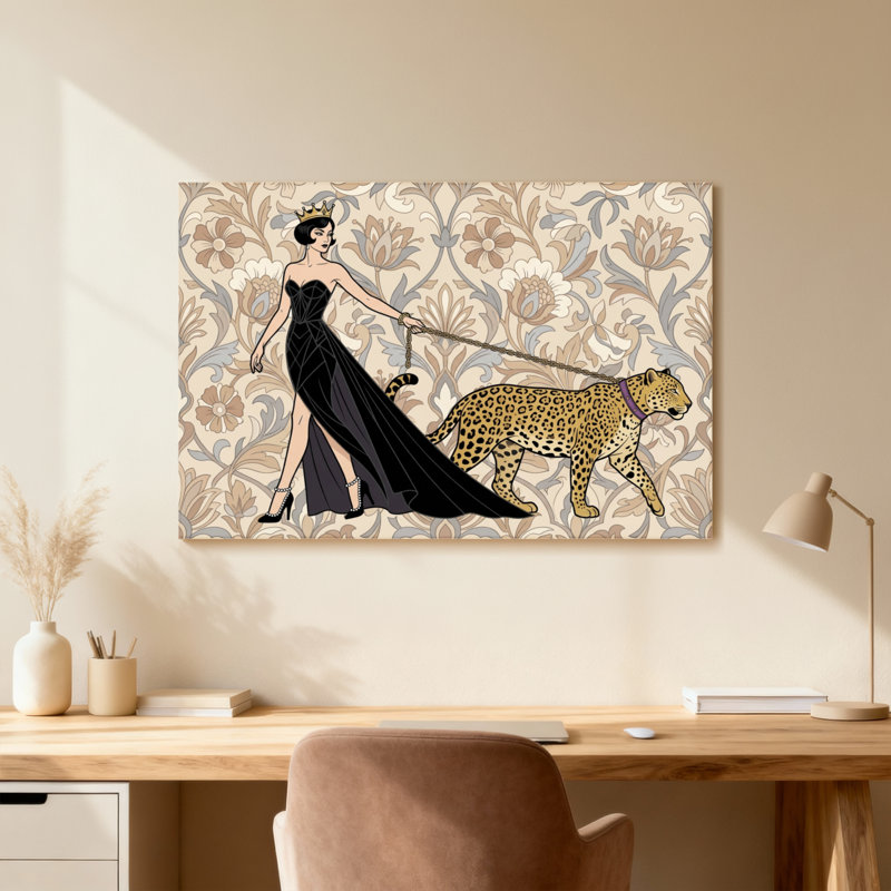 Animaux, femme élégante en robe de léopard en laisse, H 24 po x l 36 po, Toile tendue, Ne s’applique pas
