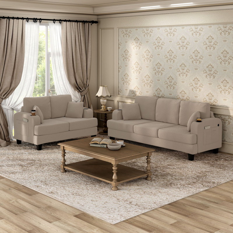 Viafora 3-Piece Boucle Sofa Set, 2 Pcs: Sofa, Loveseat, Beige