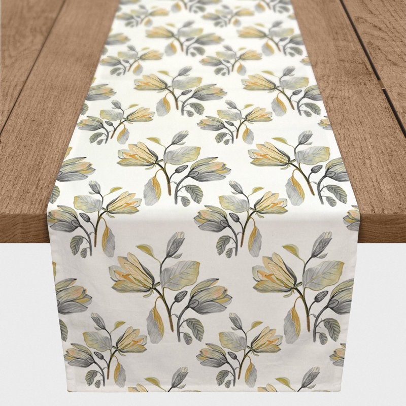 Watercolor Floral Blossoms Gray 5 Table Runner, Yellow