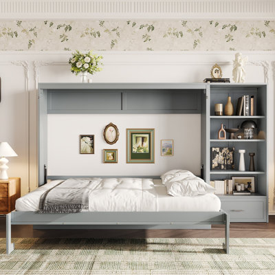 Murphy Bed With Height Adjustable Storage Compartments And Shelf, Wall Bed Frame With 1 Drawer, Multifunctional Foldable Platform Bed For Bedroom,Guest Room