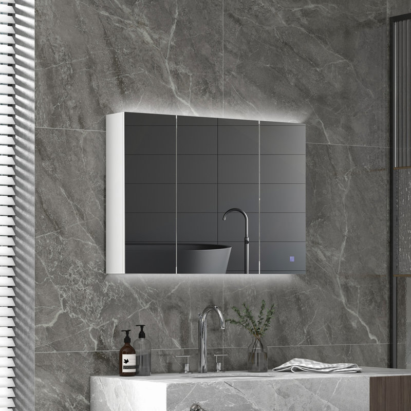 Armoire à pharmacie lumineuse avec miroir, miroir de salle de bain mural 26 po x 36 po avec rangement, armoire murale de salle de bain 3 couleurs avec charge USB, tablette réglable